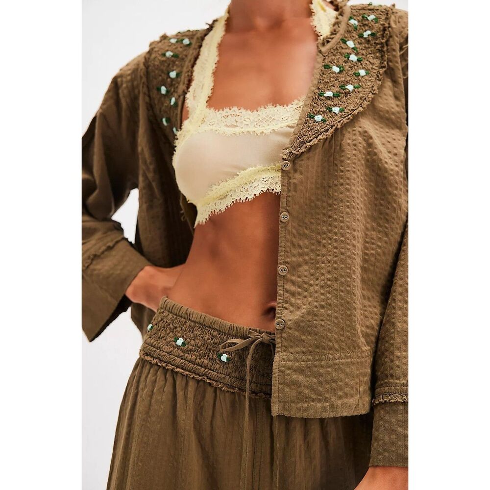 Intimately Free People Sweet As Roses Lounge Blouse Top Embroidered XS 277445